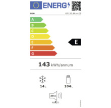 Energielabel PKM KS120.4A++EB mit Energieeffizienzklasse E, jährlichem Energieverbrauch von 143 Kilowattstunden, 14 Liter Gefrierfachvolumen und 104 Liter Kühlfachvolumen sowie einer Geräuschemission von 39 Dezibel