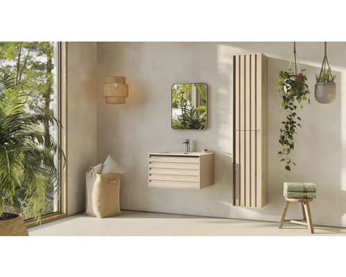 Helles Badezimmer mit Waschtisch, Spiegelschrank und Hängetöpfen für Pflanzen