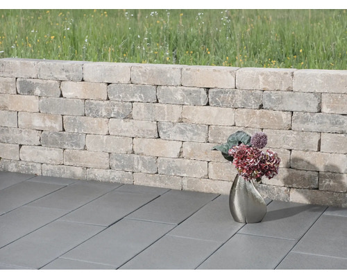 Mur de jardin en pierres avec pavés et vase de fleurs