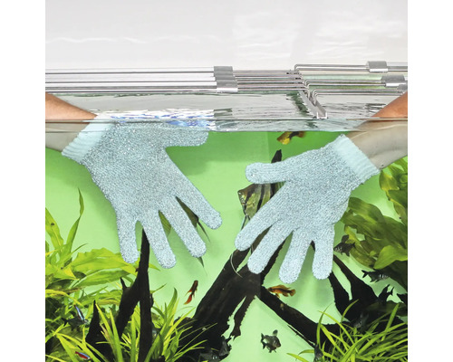 Zwei Hände mit Aquariumhandschuhen im Aquarium