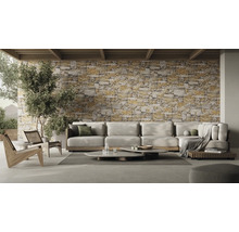 Salon avec canapé d''angle, tables basses et mur en pierre