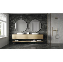 Salle de bains moderne avec double vasque, miroirs ronds et douche à l''italienne