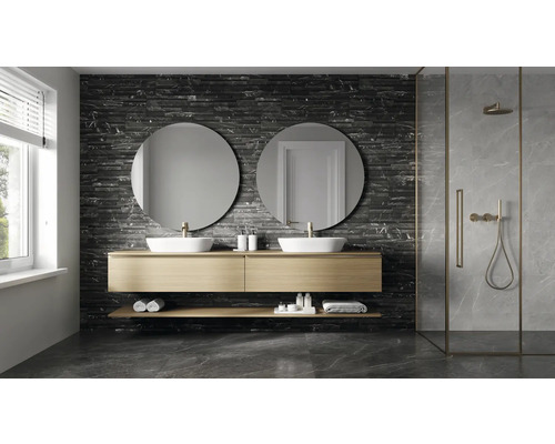 Salle de bains moderne avec double vasque, miroirs ronds et douche à l''italienne