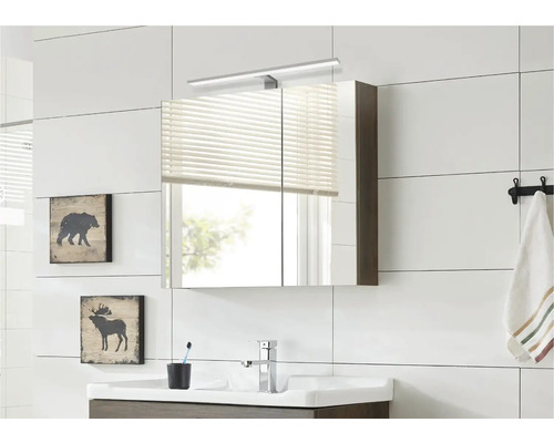 Salle de bains moderne avec armoire de toilette, lavabo et décoration murale