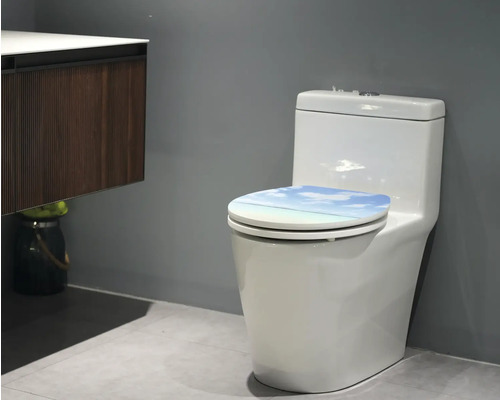 Toilette mit Toilettensitz mit Strandmotiv in einem Badezimmer