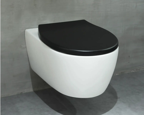 Wand-Tiefspültoilette mit schwarzem Toilettensitz