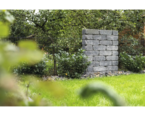Paysage avec maçonnerie en blocs de pierre et clôture métallique dans le jardin