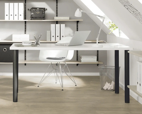 Arbeitszimmer mit Schreibtisch, Stuhl und Regalsystem