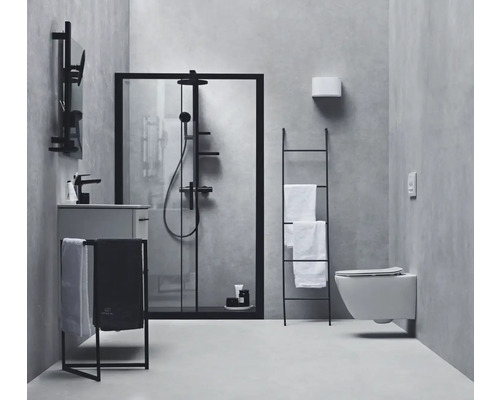 Modernes Badezimmer mit Dusche, Waschtisch, Handtuchhalter und Wandtoilette