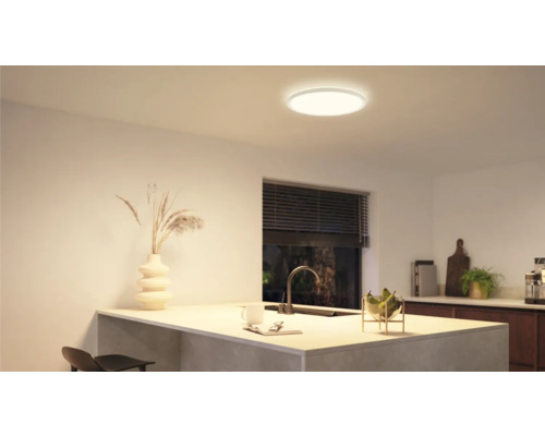 Moderne Küche mit runder Deckenleuchte für helle Beleuchtung