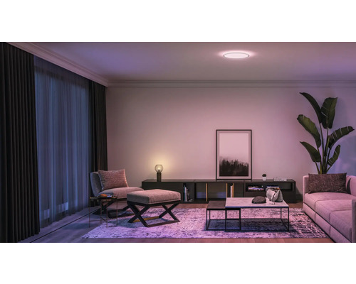 Wohnzimmer mit Sofa, Sessel, Couchtisch und Deckenleuchte