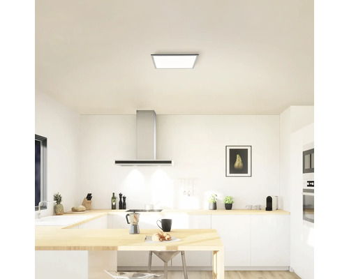 Cuisine claire avec plafonnier, hotte aspirante et meubles de cuisine