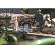 Stihl Kettensäge vor Holzhaufen