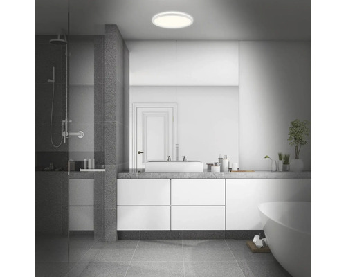 Salle de bains avec douche, lavabo, miroir, baignoire et plafonnier