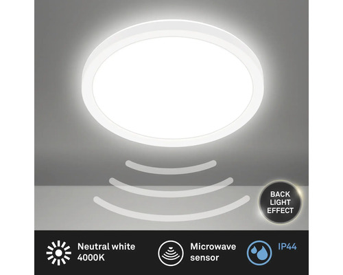 Plafonnier rond avec détecteur de micro-ondes et lumière blanche neutre, 4000 Kelvin, indice de protection IP44