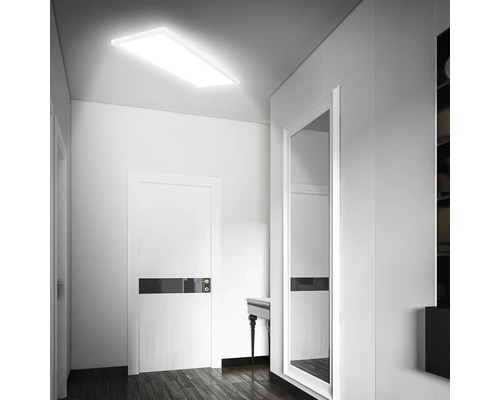 Couloir avec plafonnier, porte et miroir blancs