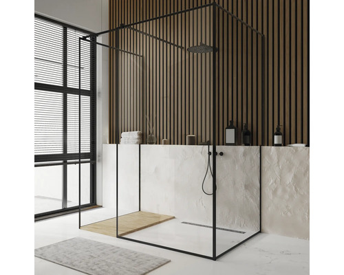 Modernes Badezimmer mit Duschkabine mit dunklem Rahmen, Holzakzenten und Fenster mit Jalousien