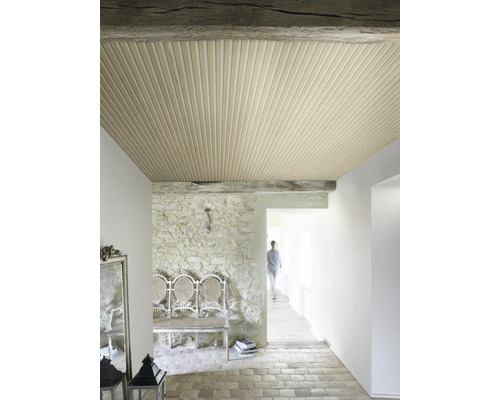 Innenaufnahme eines Flurs mit Holzdecke, Steinmauer und Sitzbank