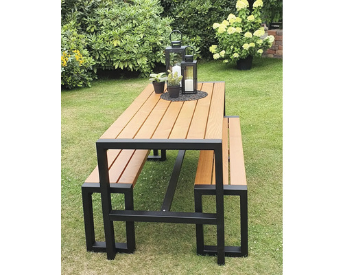 Table de jardin avec bancs sur une pelouse avec articles de décoration
