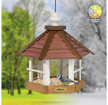 Mangeoire à oiseaux avec nourriture et mésange bleue