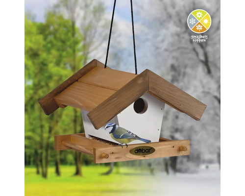 Maisonnette à oiseaux avec mésange bleue et Logo Dobar