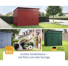 Verschiedene EcoStar Gerätehäuser im Garten mit 20 Jahre Garantie und Hergestellt in Deutschland Siegel.