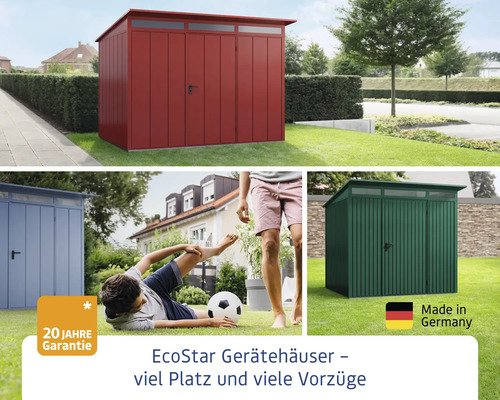 EcoStar Gerätehäuser in verschiedenen Farben im Garten mit 20 Jahre Garantie und Hergestellt in Deutschland