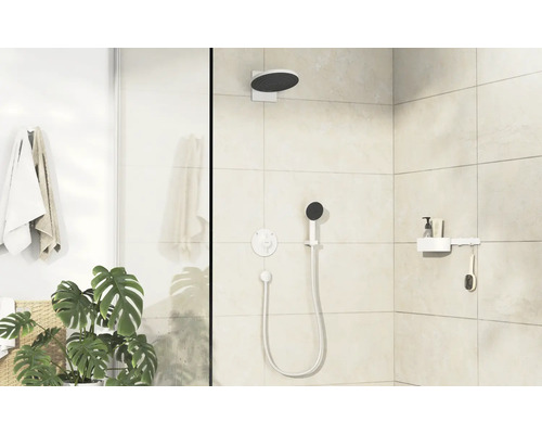 Salle de bain lumineuse avec douche de tête, douchette et étagère