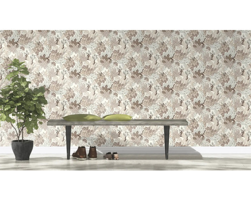 Papier peint floral décoratif avec banc, chaussures et plante d''intérieur