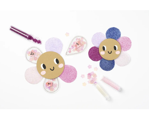 Zwei dekorative Bastelblumen mit Gesichtern, Glitzer und Entscheidungshilfen