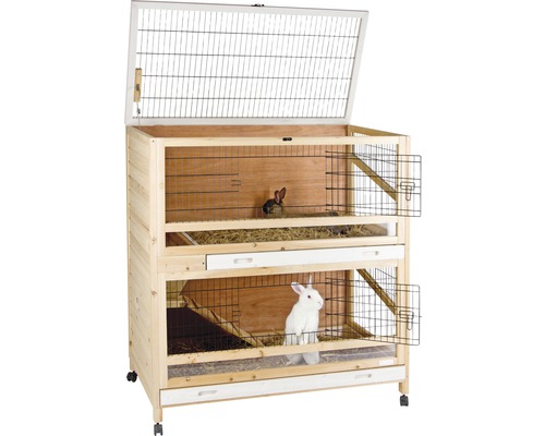 Clapier à lapins à deux étages en bois avec deux lapins
