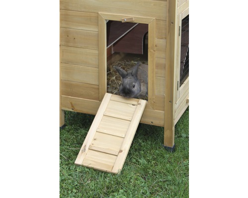 Kaninchenstall aus Holz mit Rampe und Kaninchen