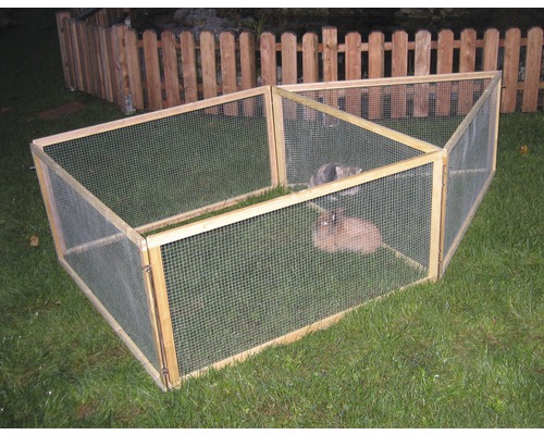 Freilaufgehege aus Holz und Drahtgitter mit zwei Kaninchen im Garten.