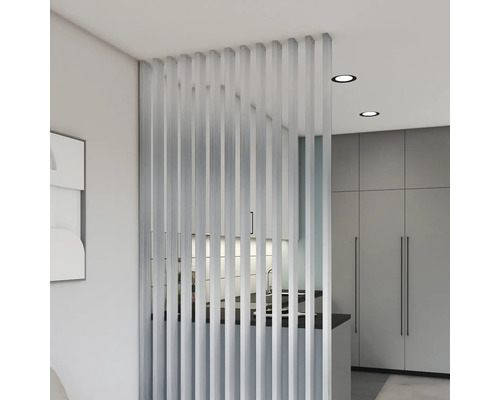Lamelle pour séparation paroi à lamelles argent 2800 x 88 x 22 mm Séparateur de pièce avec lamelles verticales dans un intérieur moderne