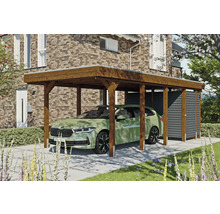Carport simple SKAN HOLZ Friesland-hybride y compris espace de rangement aluminium, ancrage de poteau 314 x 708 cm noyer