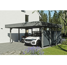 Carport en bois avec débarras, voiture et quad