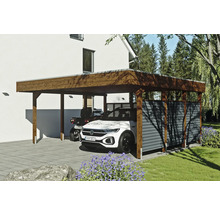 Doppelcarport SKAN HOLZ Friesland-Hybrid inkl. Rückwand/Seitenwand Aluminium, Pfostenanker 557 x 555 cm nussbaum