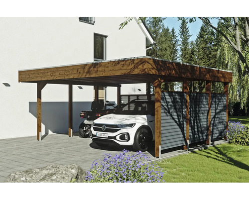 Doppelcarport SKAN HOLZ Friesland-Hybrid inkl. Rückwand/Seitenwand Aluminium, Pfostenanker 557 x 555 cm nussbaum