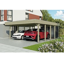 Doppelcarport aus Holz mit zwei parkenden Autos