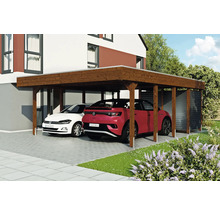 Carport double SKAN HOLZ Friesland-hybride y compris espace de rangement aluminium, ancrage de poteau 557 x 708 cm noyer