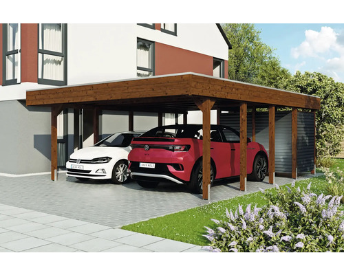 Carport double SKAN HOLZ Friesland-hybride y compris espace de rangement aluminium, ancrage de poteau 557 x 708 cm noyer Carport double SKAN HOLZ Friesland-hybride y compris espace de rangement aluminium, ancrage de poteau 557 x 708 cm noyer