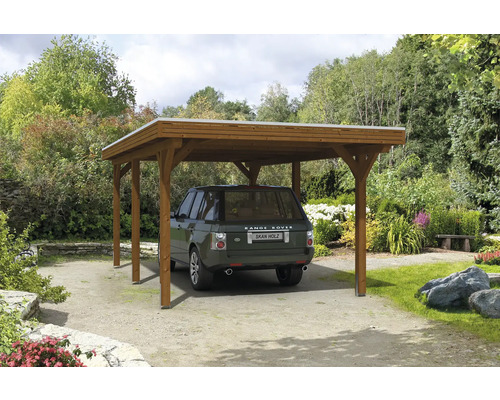 Carport individuel SKAN HOLZ Spessart avec ancre de poteau 355 x 604 cm noyer Abri de voiture en bois avec voiture dans le jardin