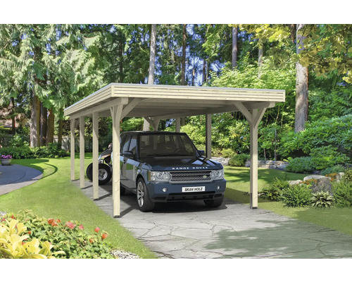 Carport individuel SKAN HOLZ Spessart avec ancre de poteau 355 x 846 cm nature Abri de voiture avec voiture et quad dans le jardin
