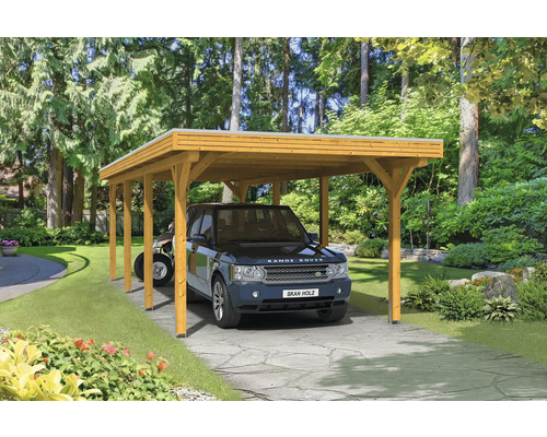 Carport individuel SKAN HOLZ Spessart avec ancre de poteau 355 x 846 cm chêne clair Carport en bois avec voiture dans le jardin