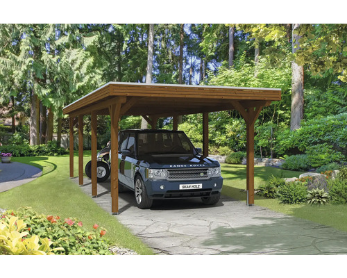 Carport individuel SKAN HOLZ Spessart avec ancre de poteau 355 x 846 cm noyer Voiture sous un abri de voiture en bois dans le jardin.