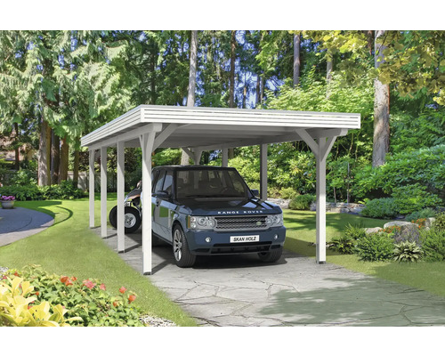 Carport individuel SKAN HOLZ Spessart avec ancre de poteau 355 x 846 cm blanc Un abri de voiture en bois blanc avec une voiture garée dessous et une moto en arrière-plan
