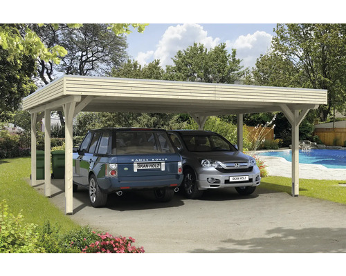 Carport double SKAN HOLZ Spessart avec ancre de poteau 611 x 604 cm nature Double abri de voiture en bois avec deux voitures garées dans le jardin