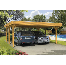 Doppelcarport aus Holz mit zwei geparkten Autos im Garten.