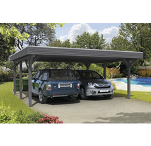 Doppelcarport aus Holz mit zwei geparkten Autos