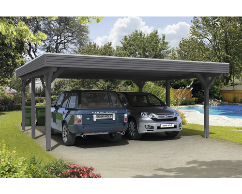 Carport double SKAN HOLZ Spessart avec ancre de poteau 611 x 604 cm ardoise Double carport en bois avec deux voitures garées